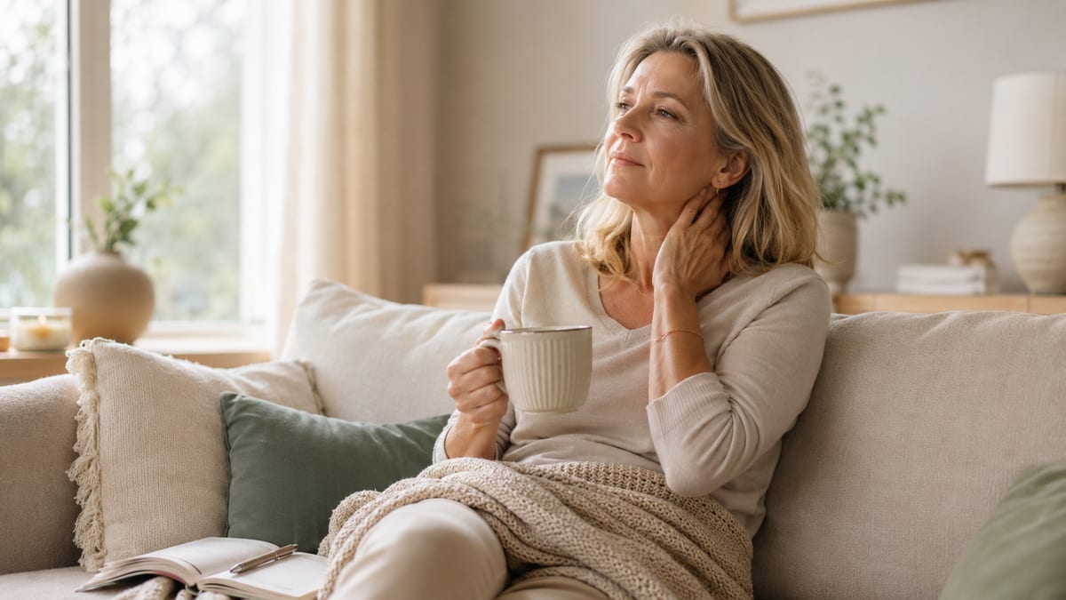 Žena středního věku sedí u okna s šálkem čaje a dívá se ven