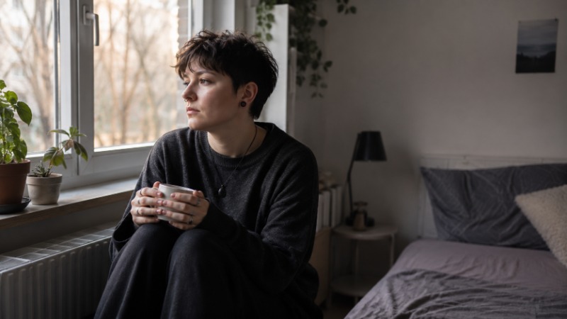 Žena sedící sama u okna s šálkem čaje, klidný a přemýšlivý výraz