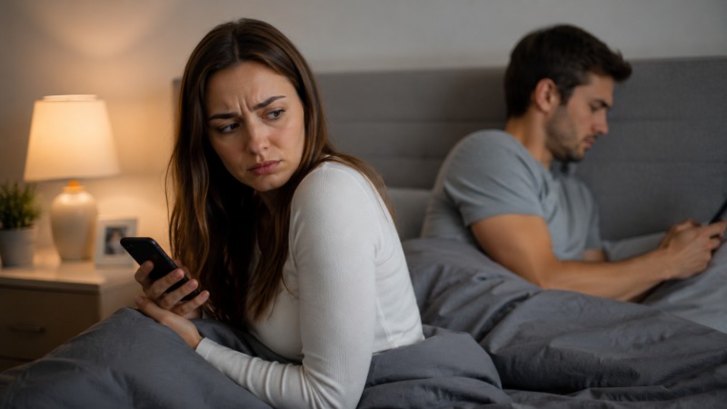 Žena drží v ruce telefon a s nejistým výrazem se dívá na displej