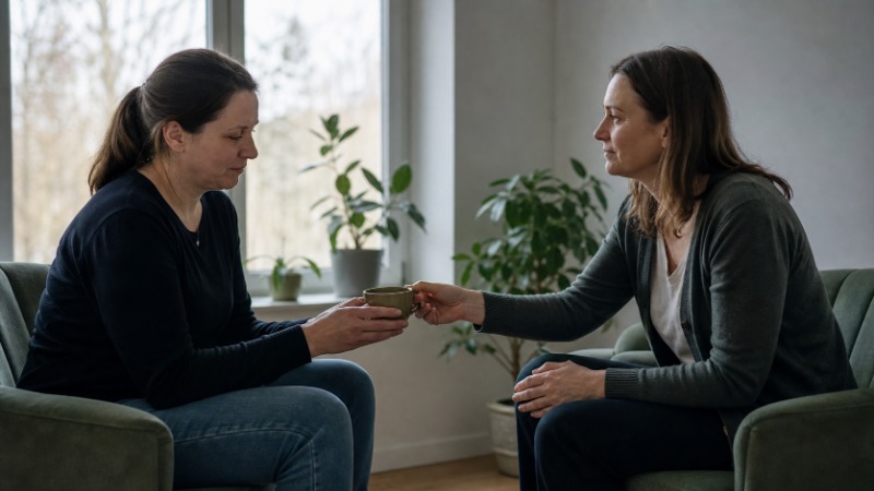 Žena sedí u okna se šálkem v ruce a zamyšleně se dívá ven do šedého dne