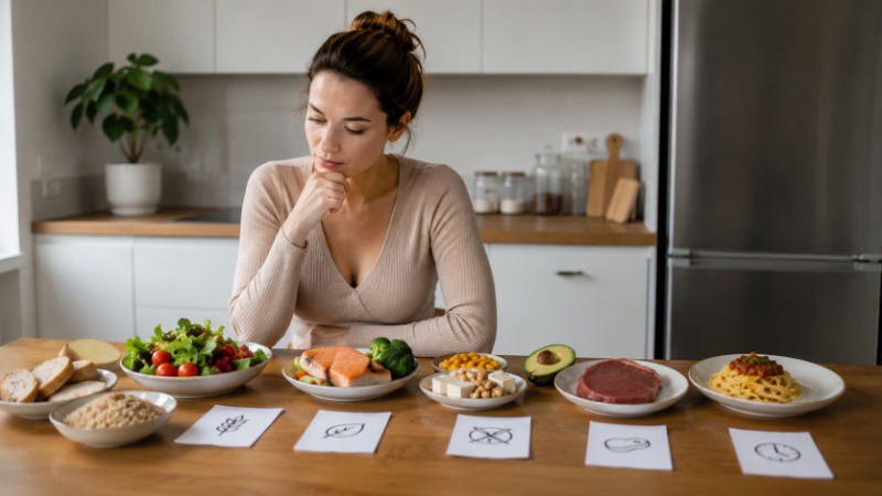 Žena si doma prohlíží na tabletu přehled různých dietních přístupů