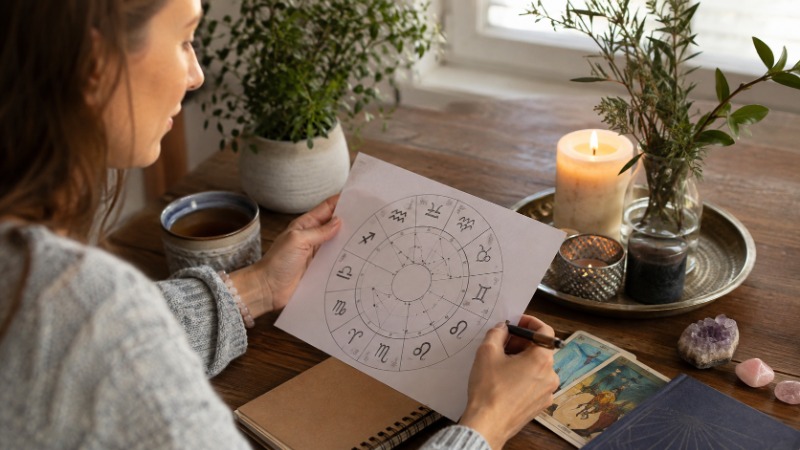 Žena si ráno u kávy čte horoskop na mobilu