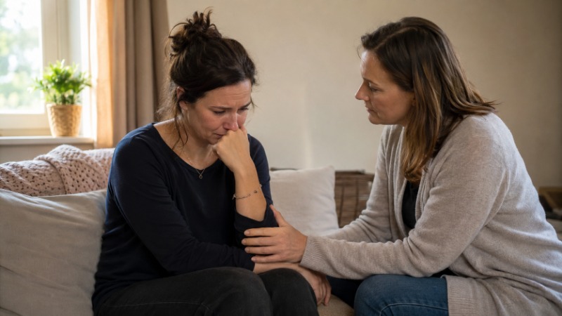 Žena poslouchá kamarádku u stolu v kavárně a drží ji za ruku
