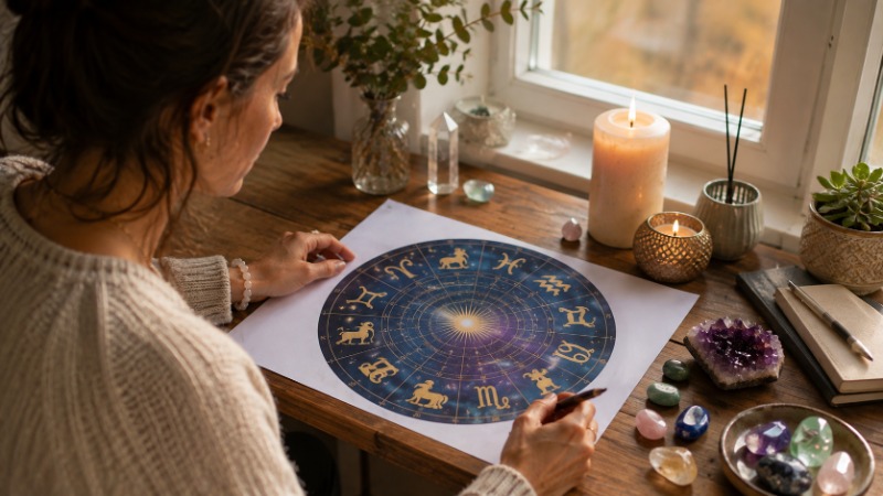Žena si u vánočního čaje prohlíží roční horoskop v deníku se znameními zvěrokruhu