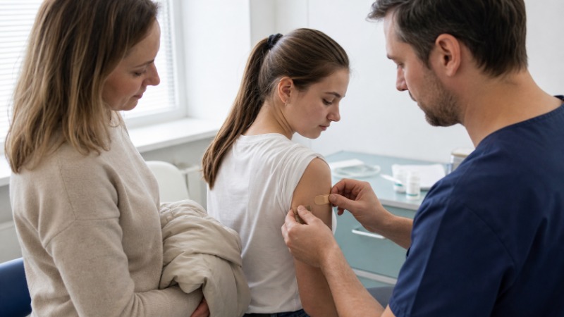 Žena si v ordinaci prohlíží informační leták o prevenci rakoviny děložního čípku