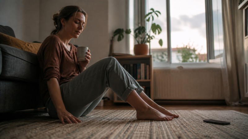 Žena sedí na posteli, opírá si hlavu o kolena a zhluboka dýchá