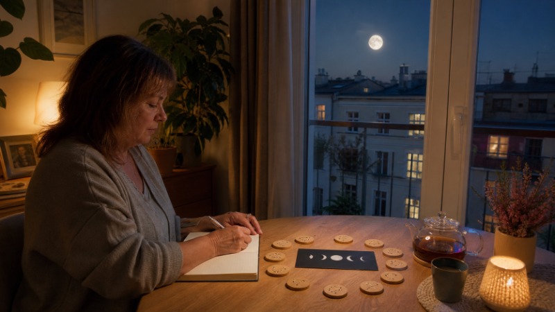 Žena si u podzimní kávy prohlíží měsíční horoskop v mobilu