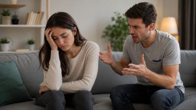 Žena sedí zamyšleně na kraji postele, partner v pozadí odvrácený