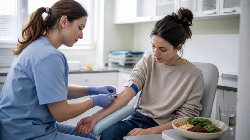 Unavená žena si sedá na postel a masíruje si spánky