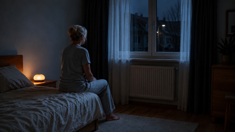Žena v noci sedí na kraji postele a nemůže spát, hledí z okna osvětleného pouliční lampou