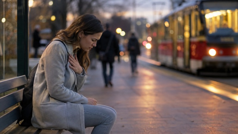 Žena sedí na lavičce na tramvajové zastávce, drží si ruku na hrudi a bojuje s dechem během záchvatu úzkosti