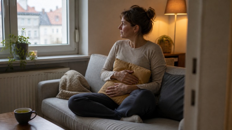 Unavená žena sedí na pohovce s dekou a hrnkem čaje v dnech před menstruací