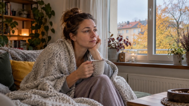 Unavená žena zabalená v dece drží hrnek u okna s podzimními stromy