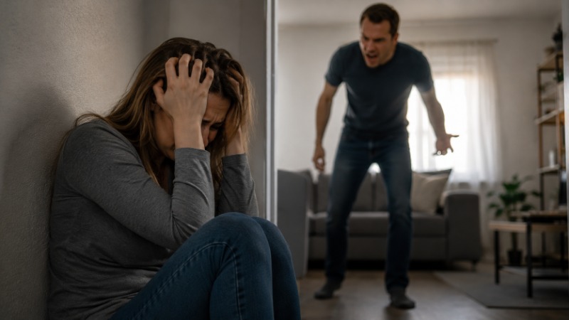 Žena sedí sama v tmavší místnosti, ruce sepnuté v klíně, ustaraný výraz