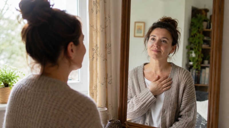 Žena sedí u kuchyňského stolu s hrnkem čaje a v klidu se dívá z okna