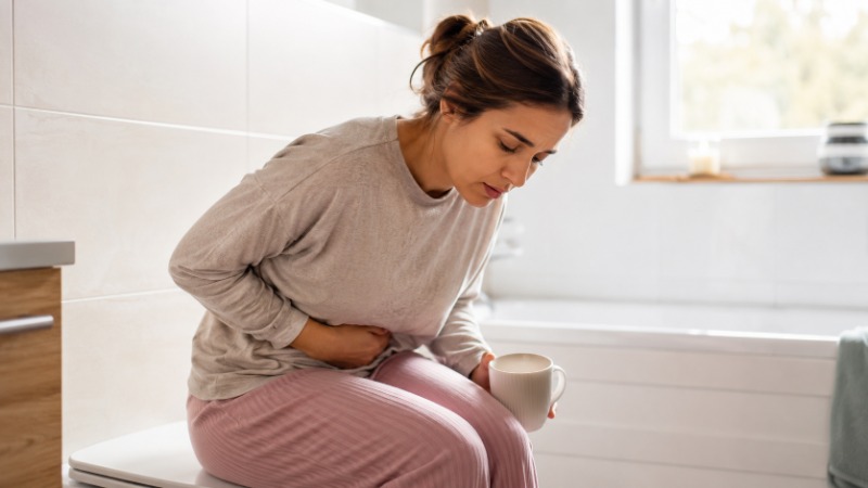 Žena sedící na posteli si drží podbřišek při silné menstruaci
