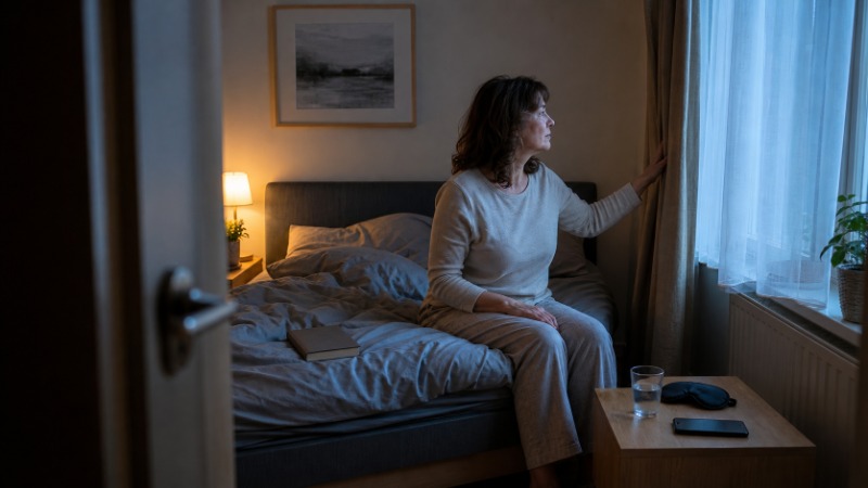 Žena leží v posteli se zavřenýma očima a v noci nemůže usnout