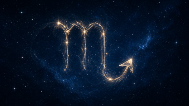 Symbol znamení Štír na tmavě modrém hvězdném pozadí