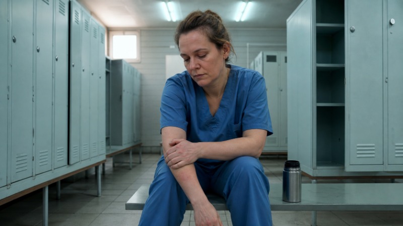 Unavená žena si sedá k rozdělanému stolu s notebookem a mne si kořen nosu