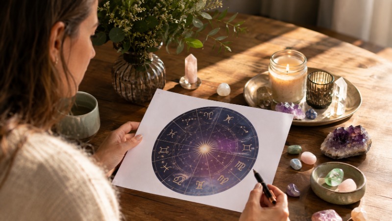 Žena si o víkendu u čaje čte horoskop v zápisníku s plánovacím kalendářem